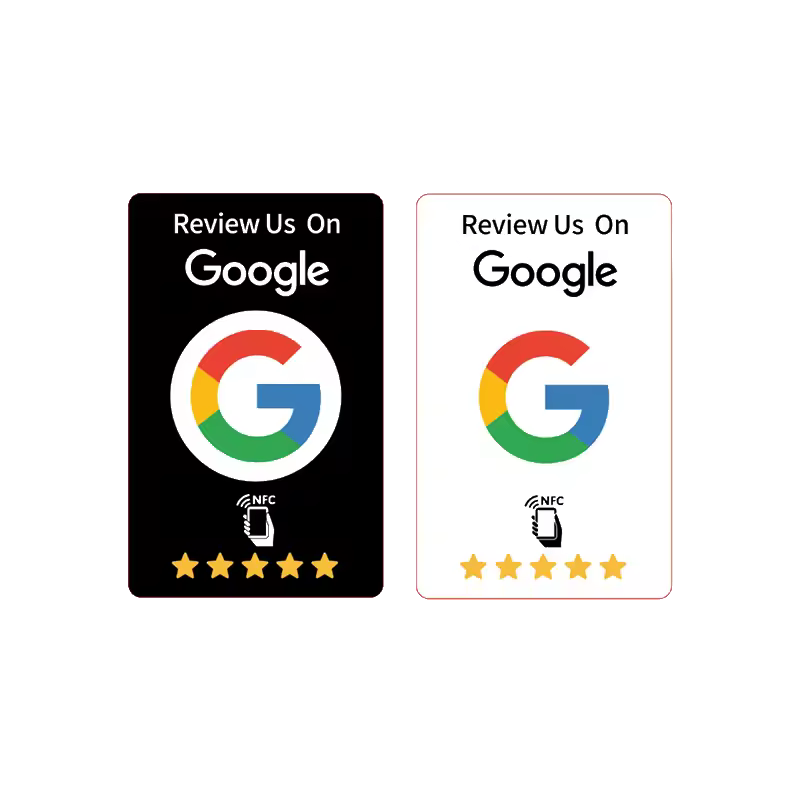 NFC-Karte im Visitenkartenformat mit Google-Bewertungslogo, in Weiß und Schwarz